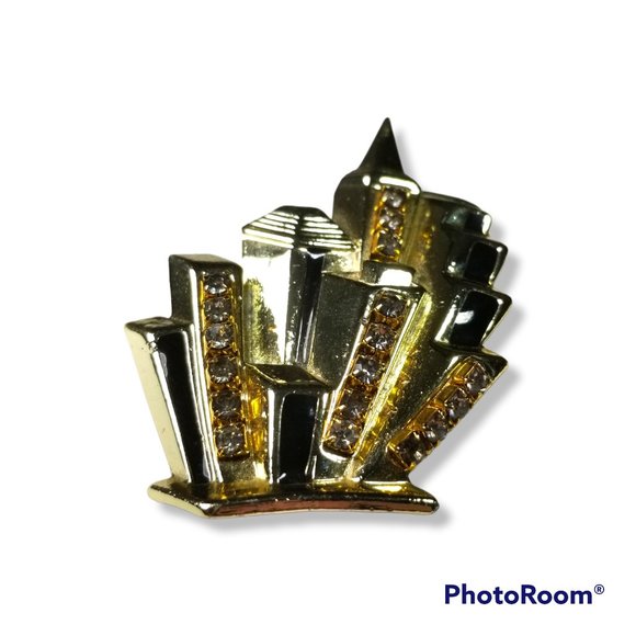 AJC Vintage City Scape Building Brooch Pin Enamel and Rhinestone RARE - Picture 10 of 13